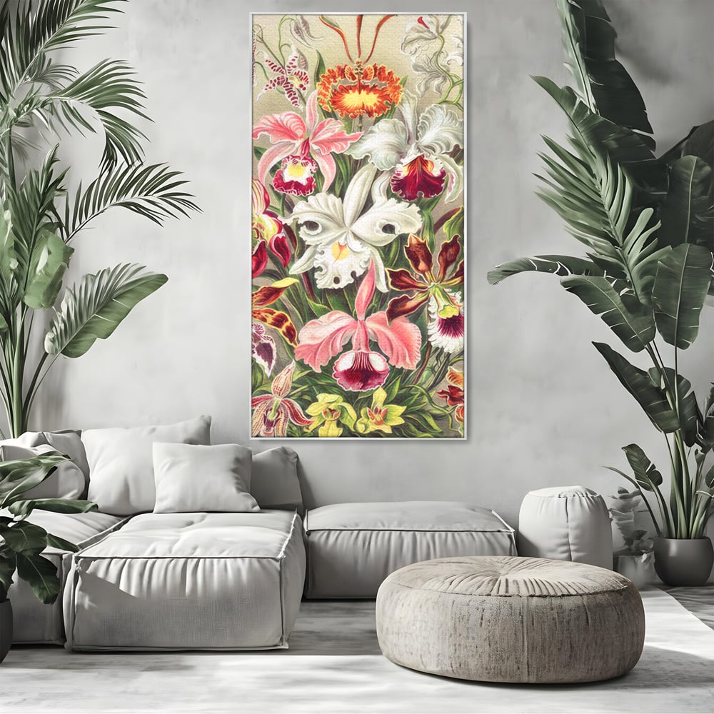 Tablou canvas cu ilustratie botanica cu orhidee multicolore, in rama de aluminiu argintiu, pe perete intr-un living